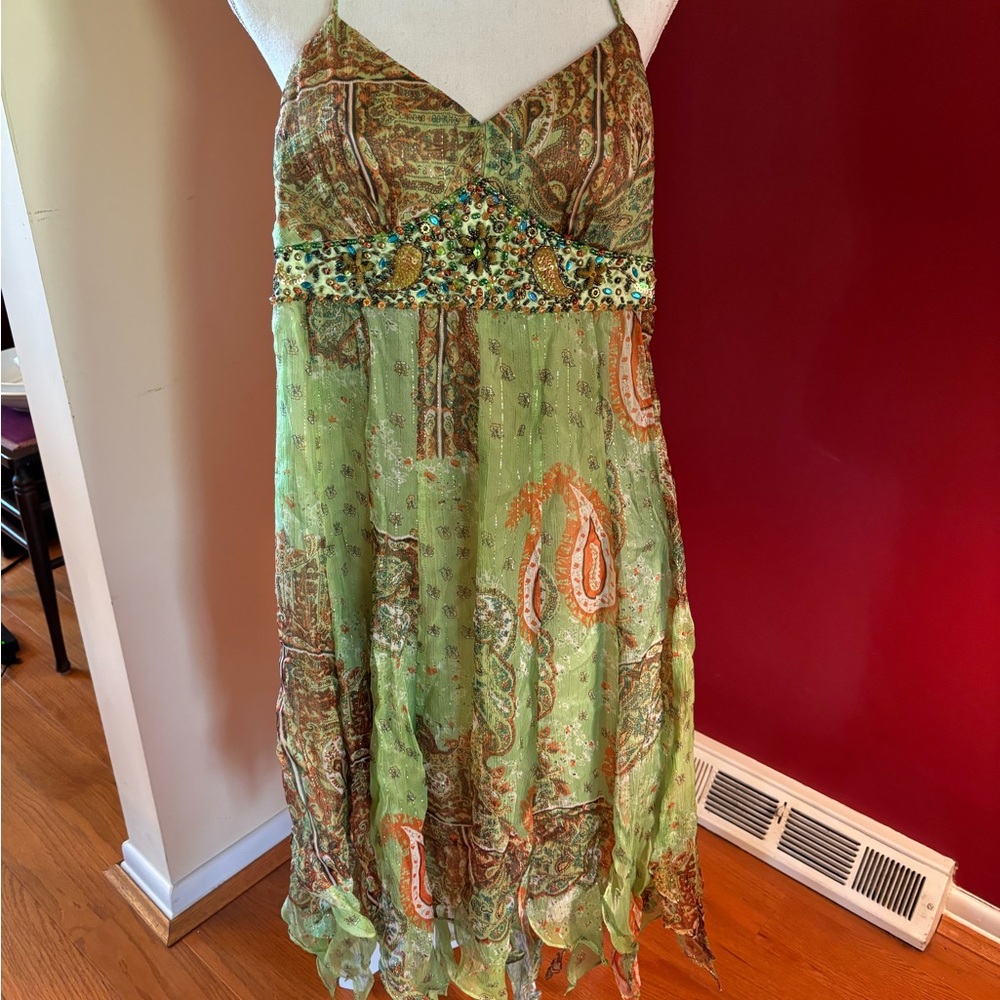 Sue Wong Green Silk Boho print Dress